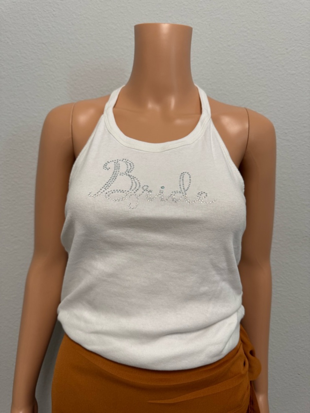 White 'Bride' Rhinestone Halter Lace Tank Top